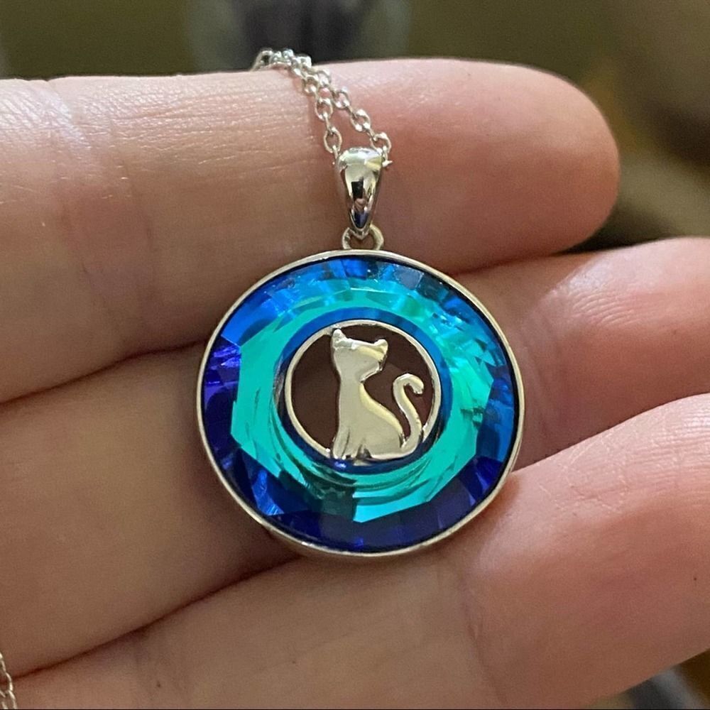 Sterling silver Cat Blue Austrian Crystal Necklace